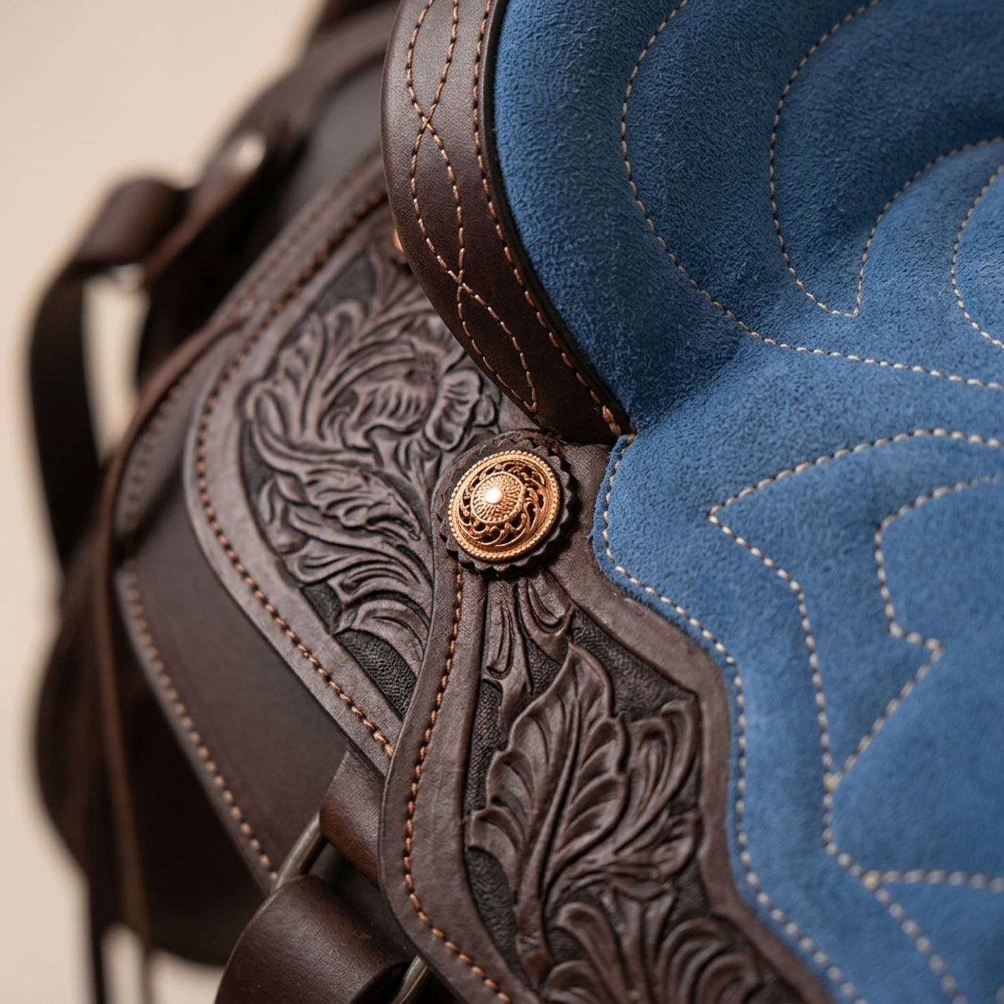 Leather Youth Western Saddle | 12" Chocolate & Blue Seat – Tooled with Gold Conchos — 04 tooling detail
