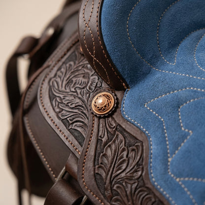 Leather Youth Western Saddle | 12" Chocolate & Blue Seat – Tooled with Gold Conchos — 04 tooling detail