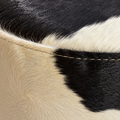 Cowhide Footstool | Black & White Hair-On – Brazilian Cowhide, Eucalyptus Legs — close-up of the surface texture