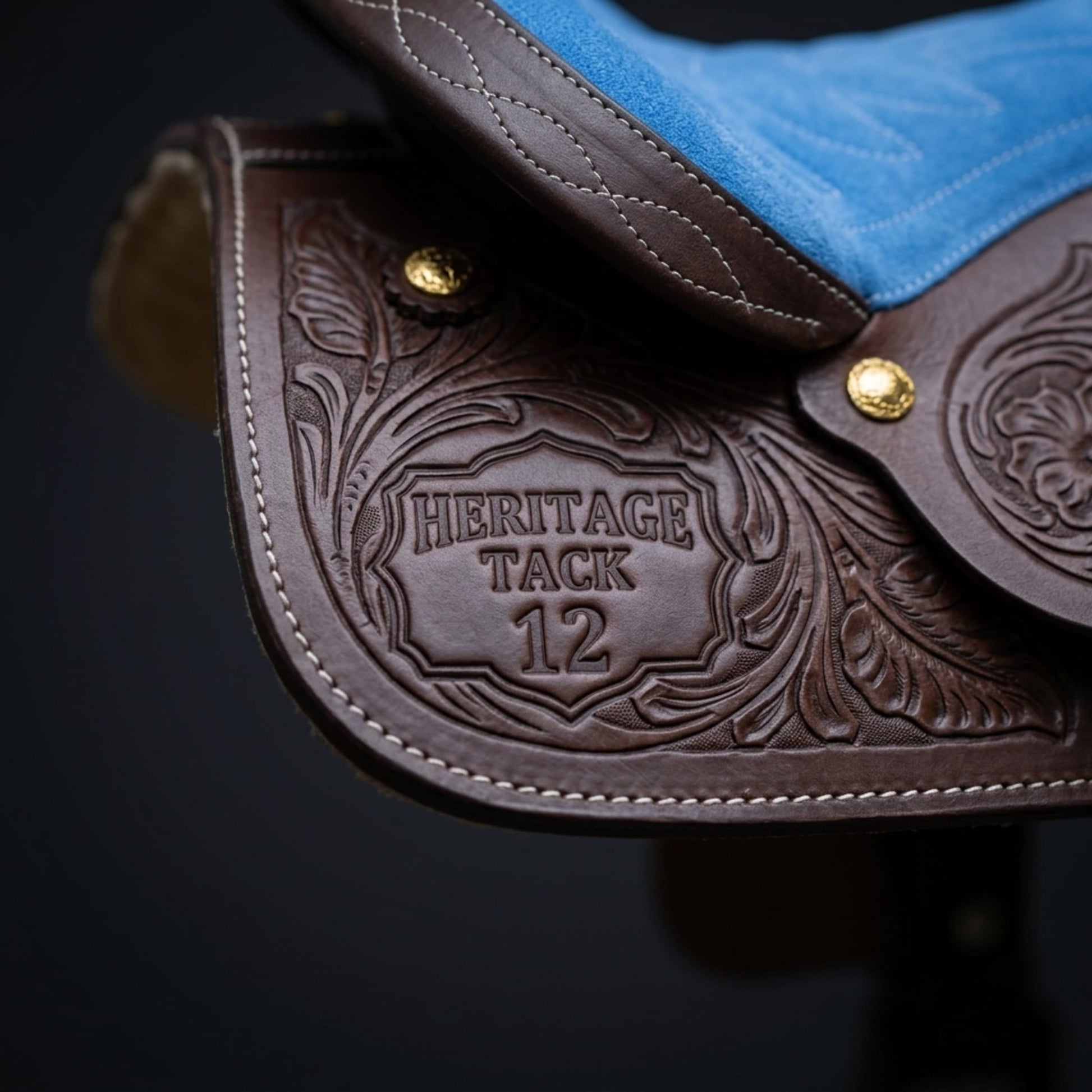 Leather Youth Western Saddle | 12" Blue Seat – Tooled with Gold Conchos — 05 maker mark