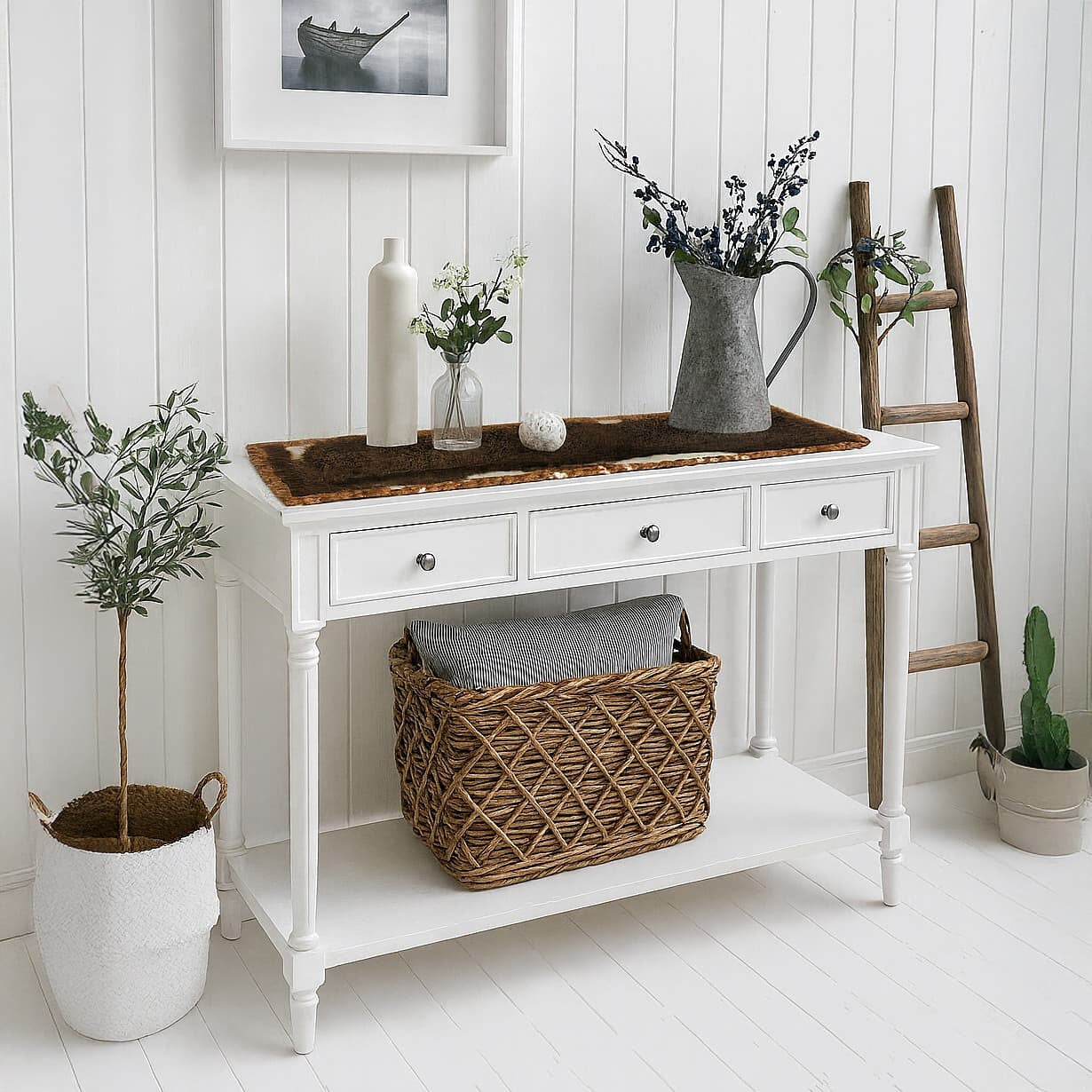 Cowhide & Bison Hair Table Runner | Patchwork Laced Design Tricolor – 1' x 3' Feet