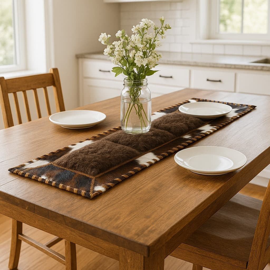 Cowhide & Bison Hair Table Runner | Patchwork Laced Design Tricolor – 1' x 3' Feet