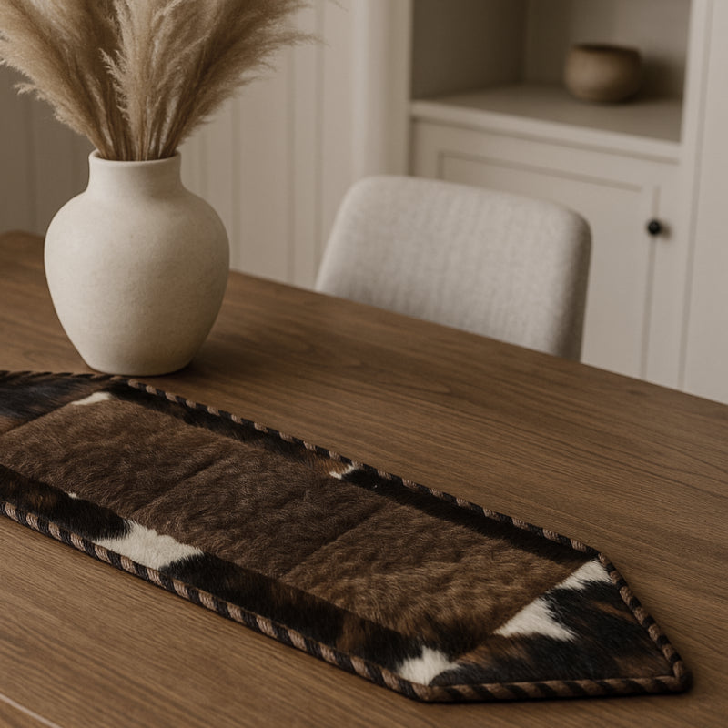 Bison/Cowhide Hair-On Table Runner | Patchwork & Laced Design Brown Speckle – 1' x 3' Feet