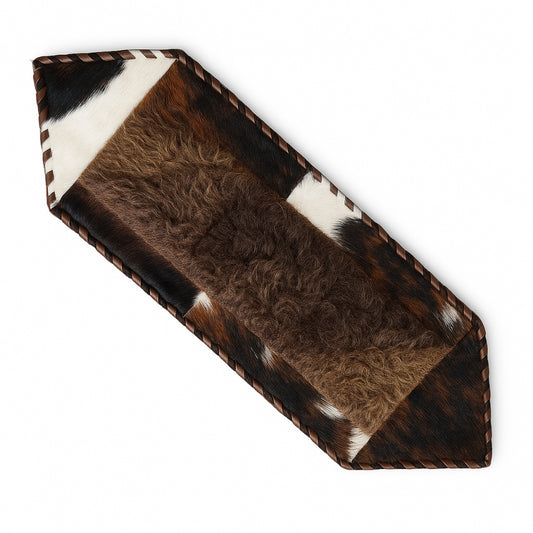 Bison/Cowhide Hair-On Table Runner | Patchwork & Laced Design Brown Speckle – 1' x 3' Feet