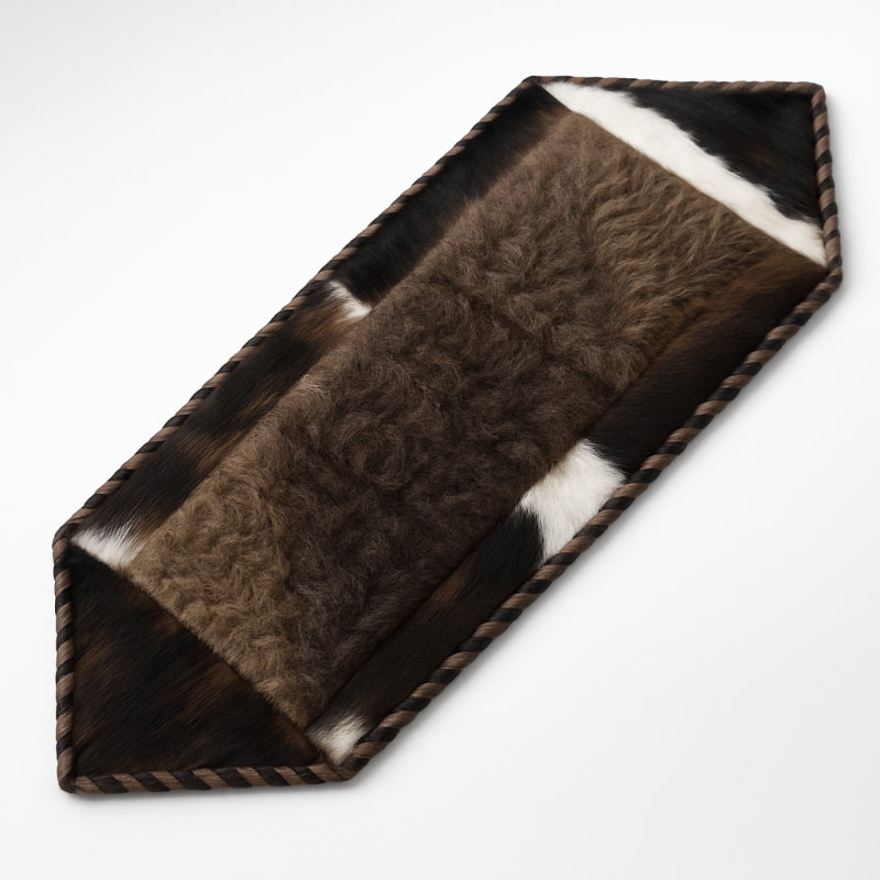 Bison/Cowhide Hair-On Table Runner | Patchwork & Laced Design Brown Speckle – 1' x 3' Feet
