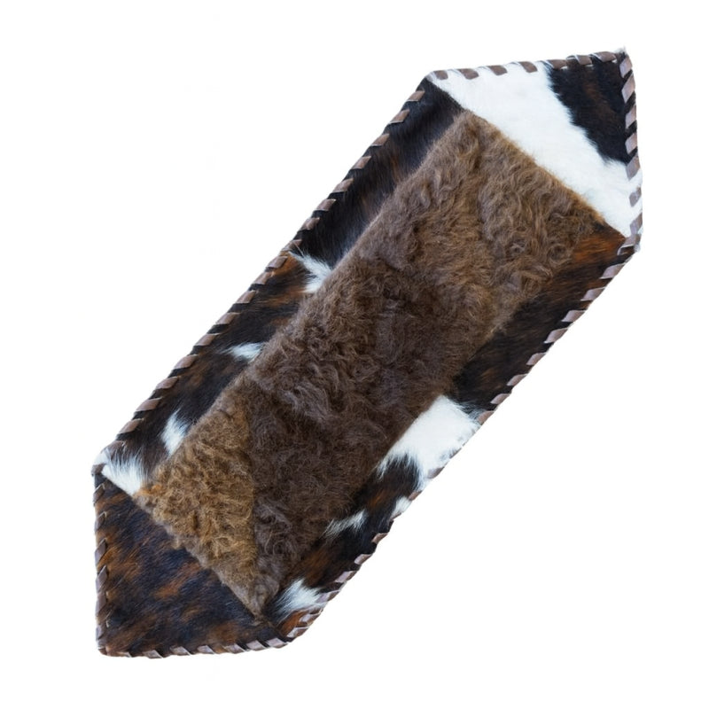 Bison/Cowhide Hair-On Table Runner | Patchwork & Laced Design Brown Speckle – 1' x 3' Feet