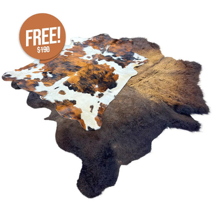 Buffalo/Bison LARGE Hair-On Hide Rug/Blanket - 7.5ft x 6ft | FREE Tricolor Cowhide Rug Medium - 6ft x 5ft