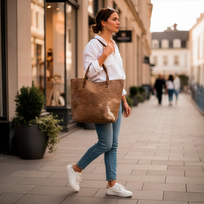 Cowhide Hair-On Tote Bag | Handcrafted Patchwork Solid Color Design – 15" x 19" Inches