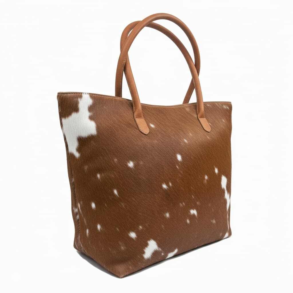 Cowhide Hair-On Tote Bag | Handcrafted Patchwork Bi-Color Design – 15" x 19" Inches