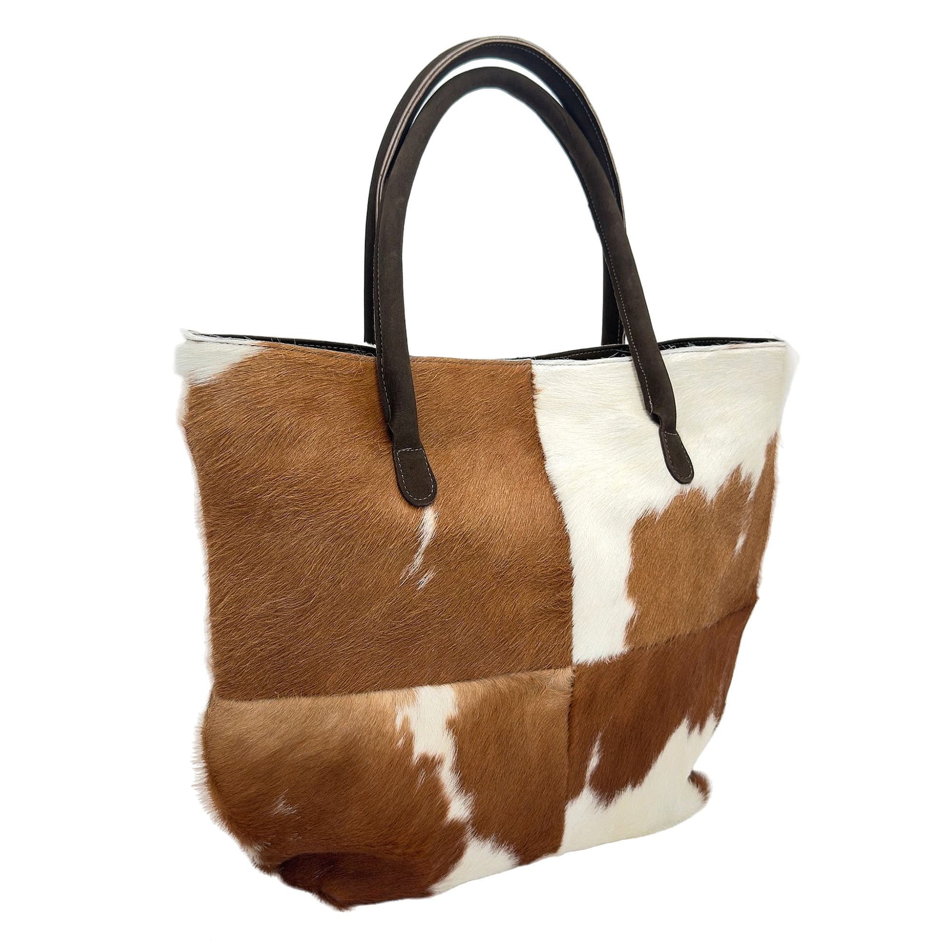 Cowhide Hair-On Tote Bag | Handcrafted Patchwork Bi-Color Design – 15" x 19" Inches