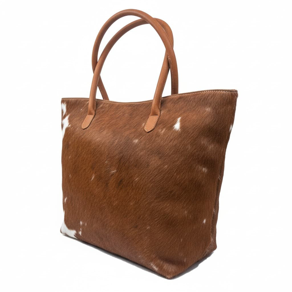 Cowhide Hair-On Tote Bag | Handcrafted Patchwork Bi-Color Design – 15" x 19" Inches