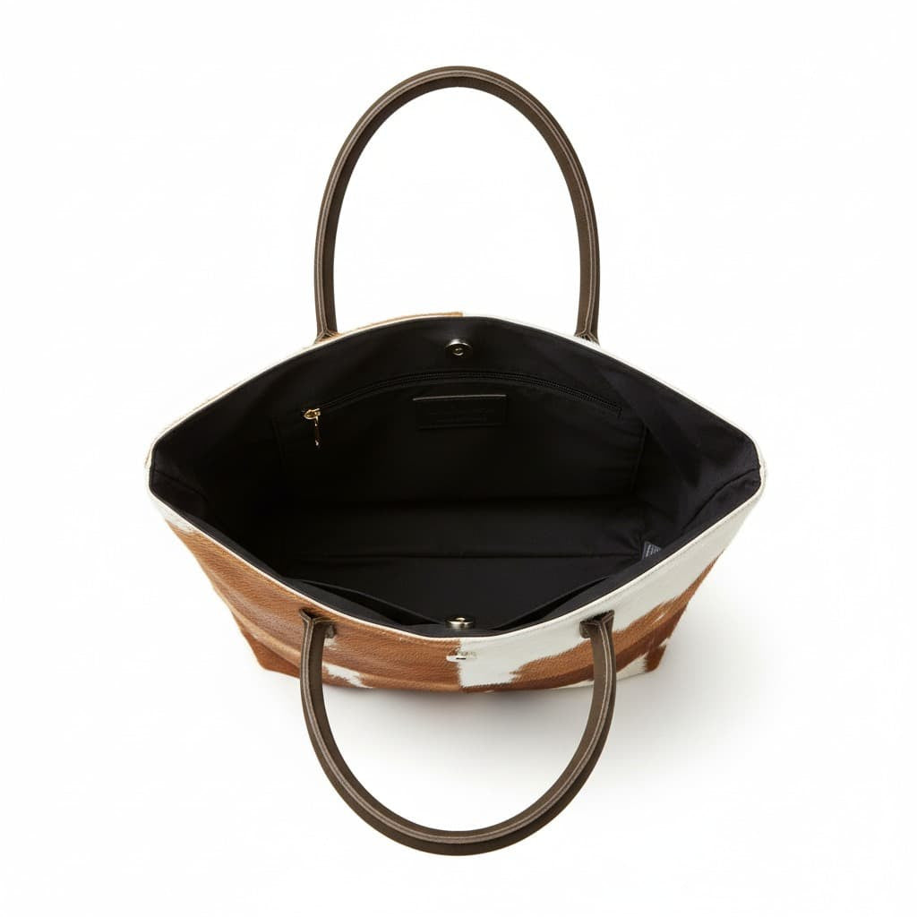 Cowhide Hair-On Tote Bag | Handcrafted Patchwork Bi-Color Design – 15" x 19" Inches