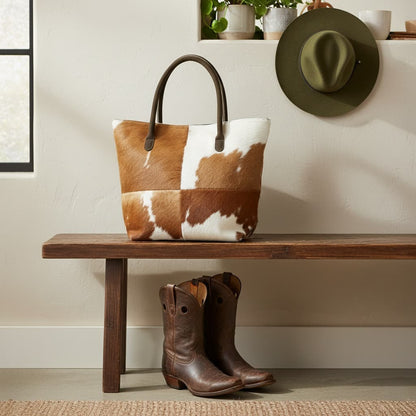 Cowhide Hair-On Tote Bag | Handcrafted Patchwork Bi-Color Design – 15" x 19" Inches