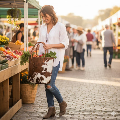 Cowhide Hair-On Tote Bag | Handcrafted Patchwork Bi-Color Design – 15" x 19" Inches