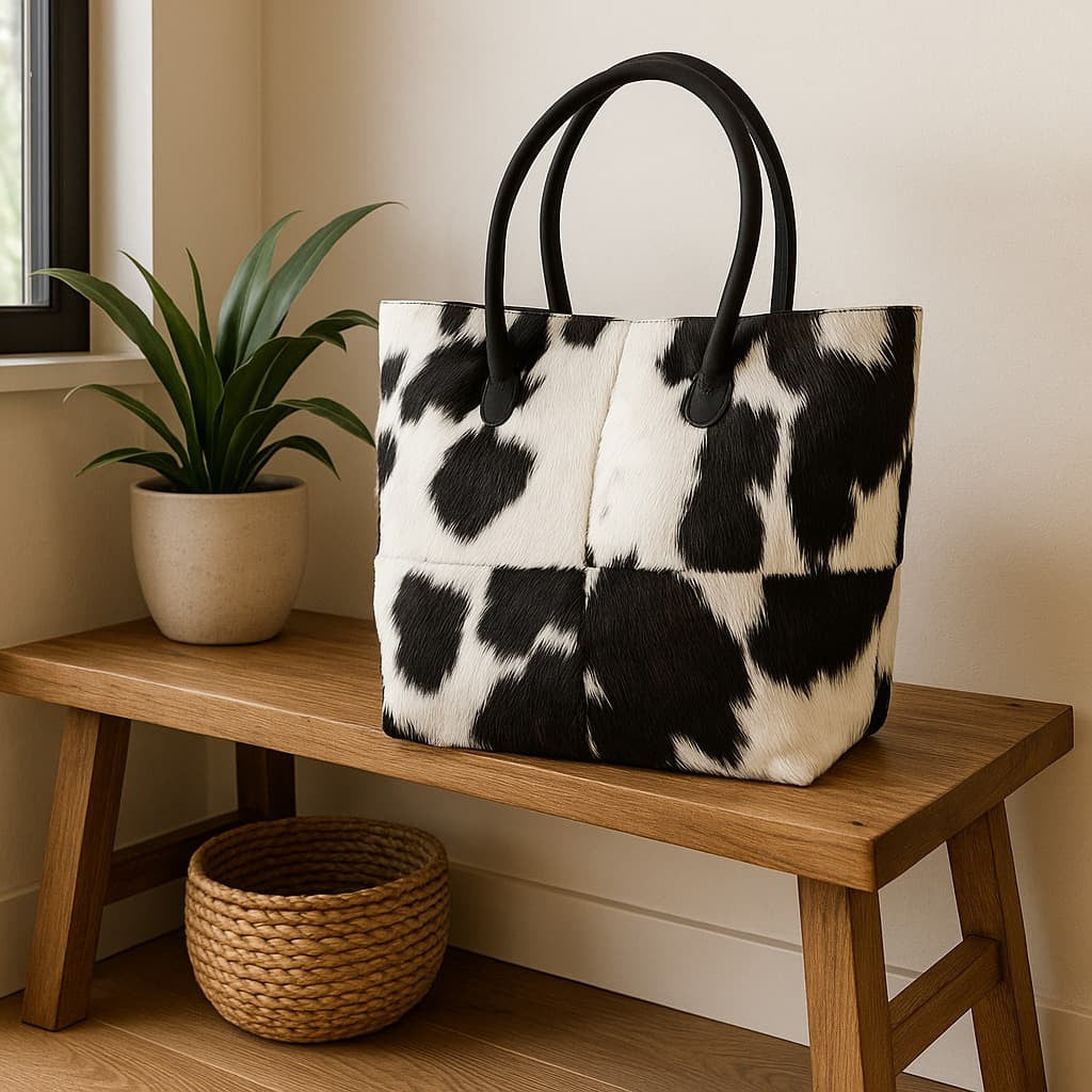Cowhide Hair-On Tote Bag | Handcrafted Entire Piece Bi-Color Design – 15" x 19" Inches