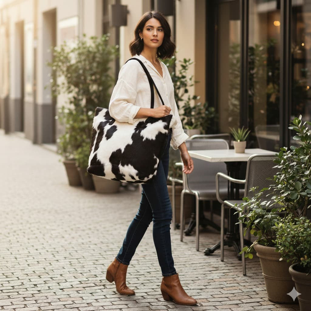 Cowhide Hair-On Tote Bag | Handcrafted Entire Piece Bi-Color Design – 15" x 19" Inches
