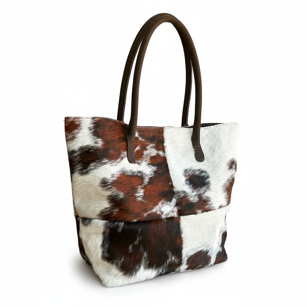 Cowhide Hair-On Tote Bag | Handcrafted Patchwork Tri-Color Design – 15" x 19" Inches