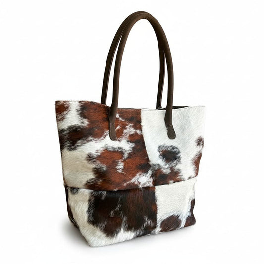 Cowhide Hair-On Tote Bag | Handcrafted Patchwork Tri-Color Design – 15" x 19" Inches