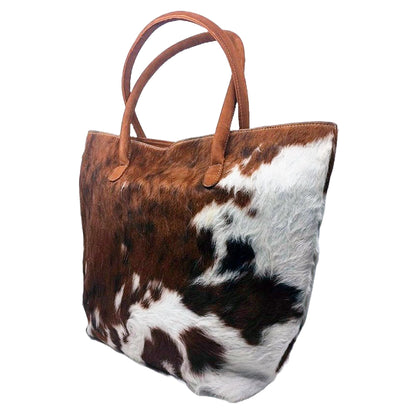 Cowhide Hair-On Tote Bag | Handcrafted Patchwork Tri-Color Design – 15" x 19" Inches