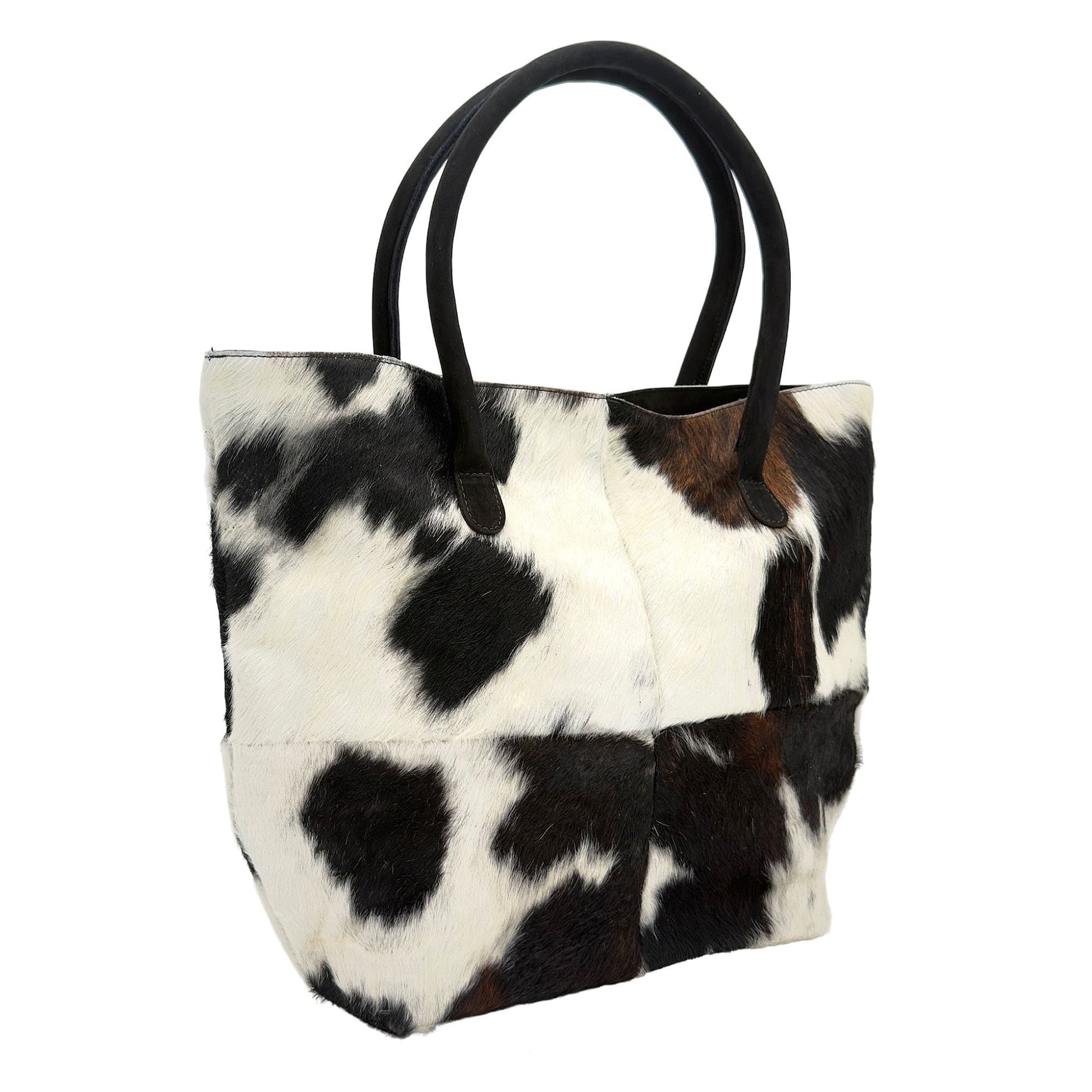 Cowhide Hair-On Tote Bag | Handcrafted Patchwork Tri-Color Design – 15" x 19" Inches