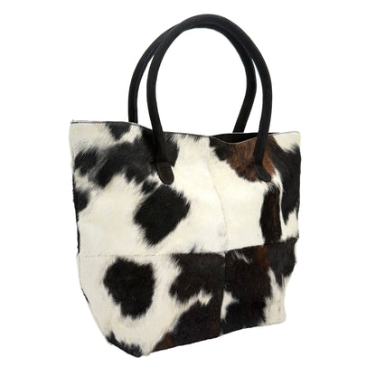 Cowhide Hair-On Tote Bag | Handcrafted Patchwork Tri-Color Design – 15" x 19" Inches
