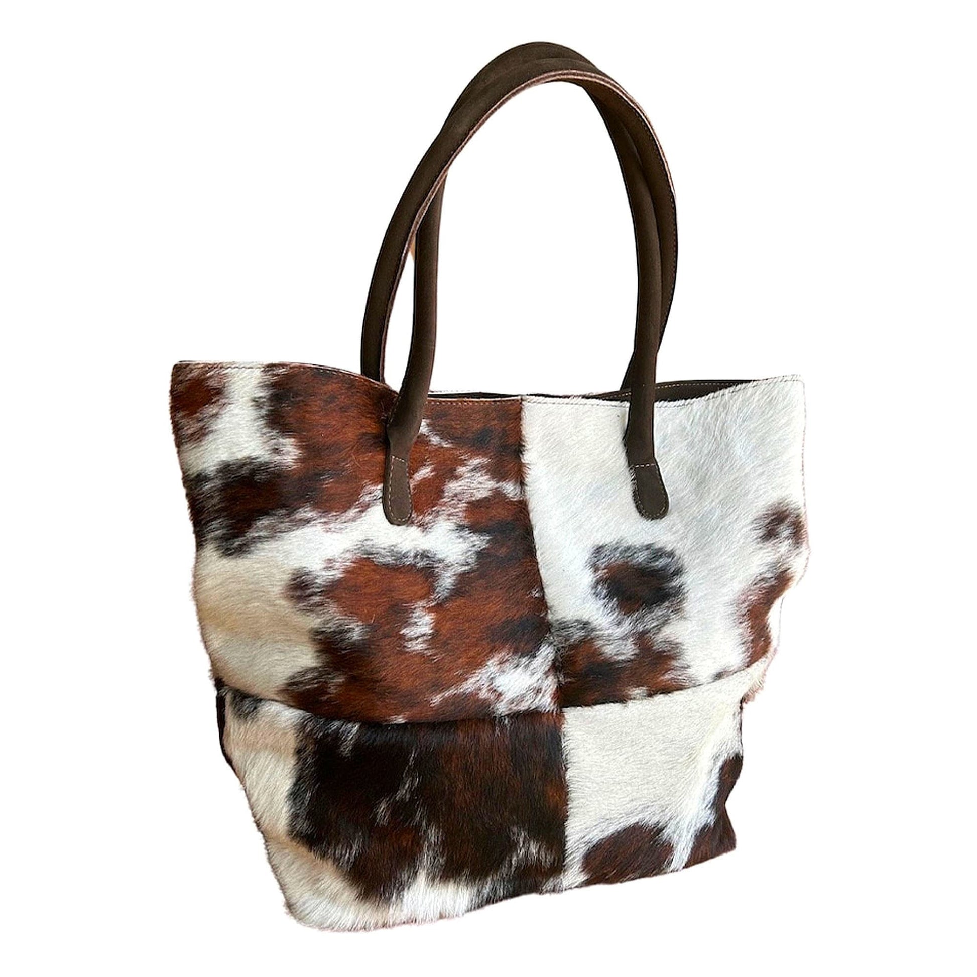 Cowhide Hair-On Tote Bag | Handcrafted Patchwork Tri-Color Design – 15" x 19" Inches