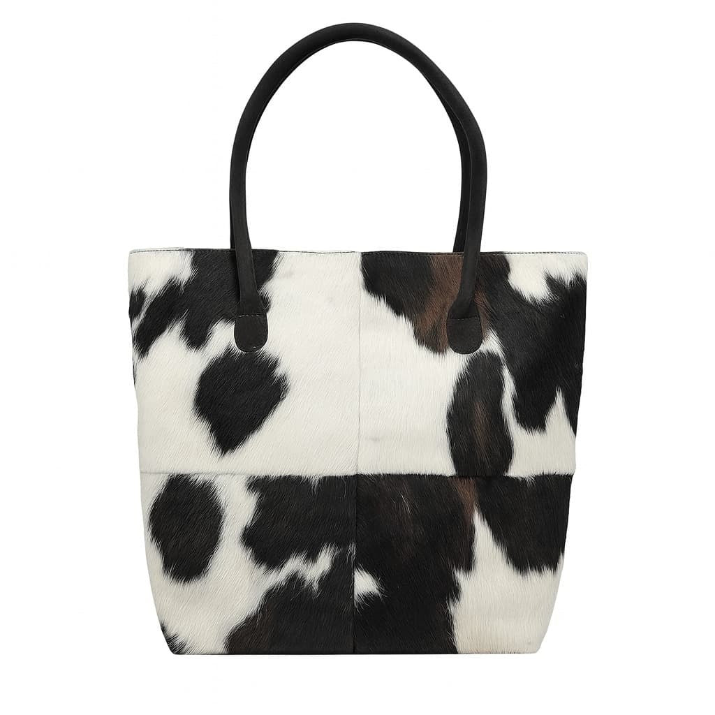 Cowhide Hair-On Tote Bag | Handcrafted Patchwork Tri-Color Design – 15" x 19" Inches