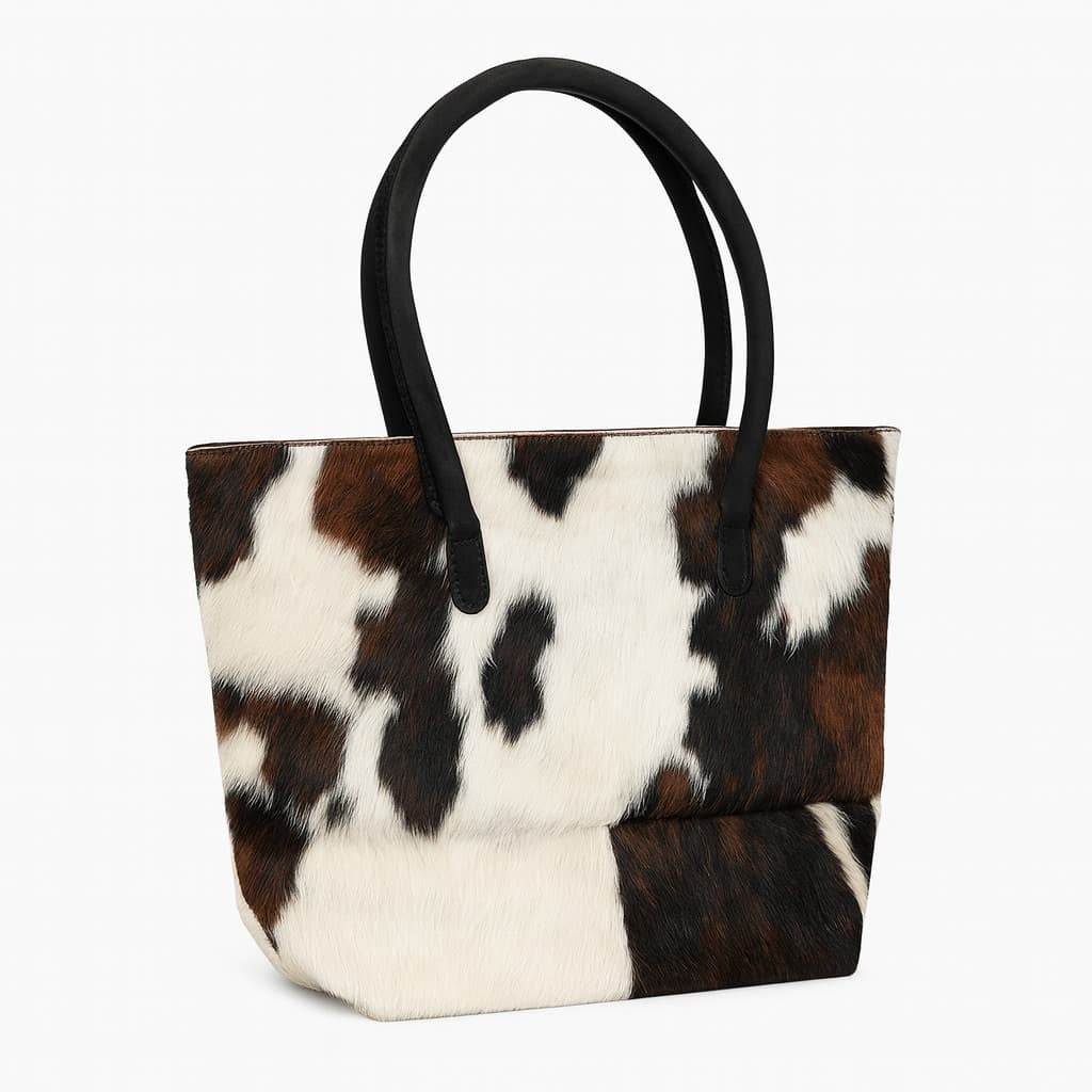 Cowhide Hair-On Tote Bag | Handcrafted Patchwork Tri-Color Design – 15" x 19" Inches