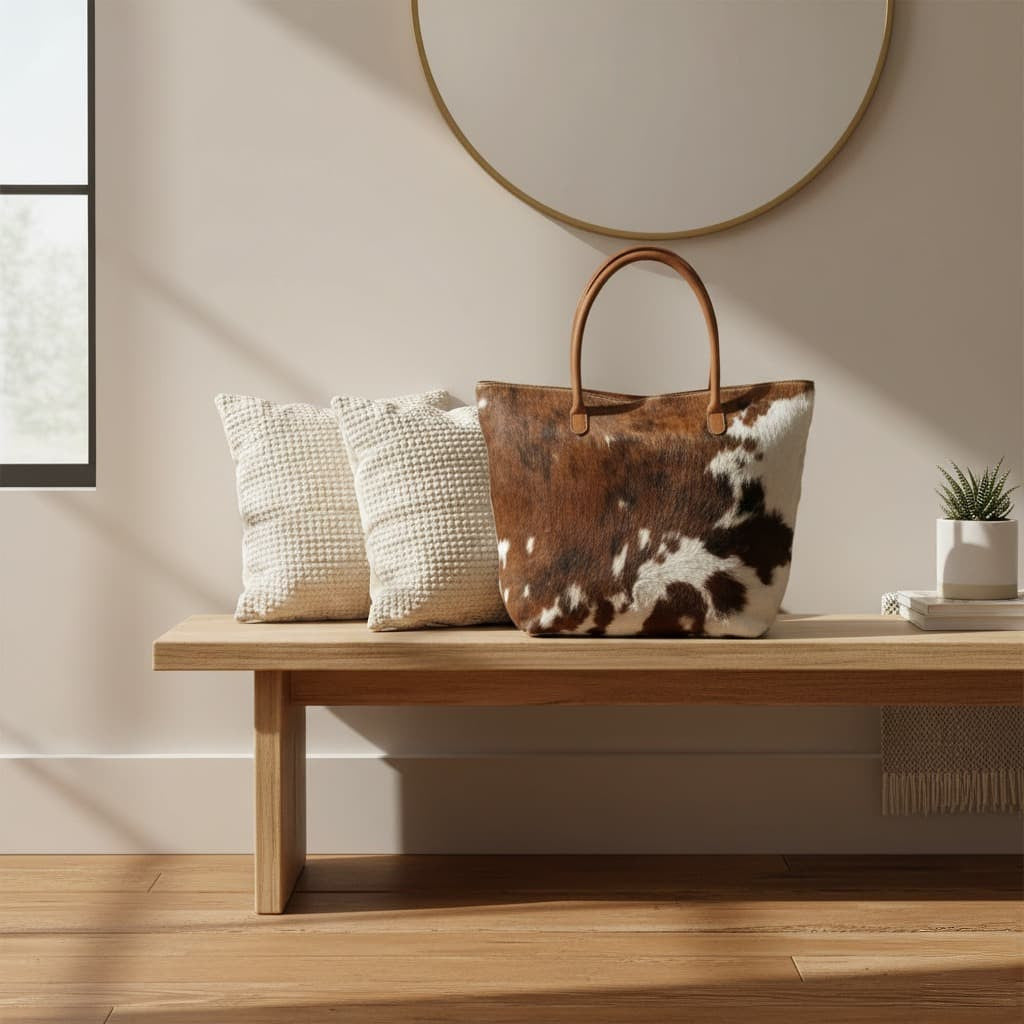 Cowhide Hair-On Tote Bag | Handcrafted Patchwork Tri-Color Design – 15" x 19" Inches