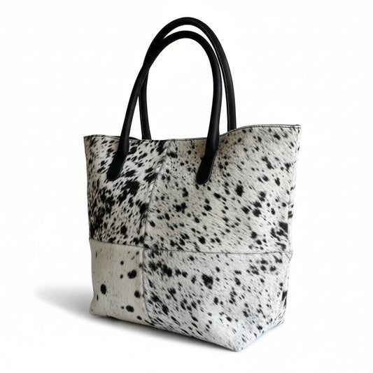 Cowhide Hair-On Tote Bag Exotic – 15" x 19" Inches | Black Speckled - Full Hide or Patchwork