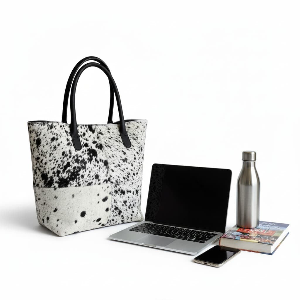 Cowhide Hair-On Tote Bag Exotic – 15" x 19" Inches | Black Speckled - Full Hide or Patchwork