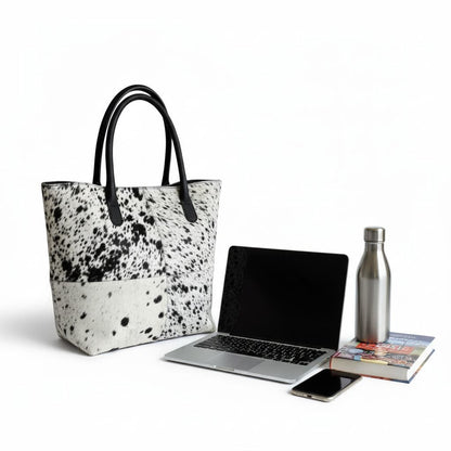 Cowhide Hair-On Tote Bag Exotic – 15" x 19" Inches | Black Speckled - Full Hide or Patchwork