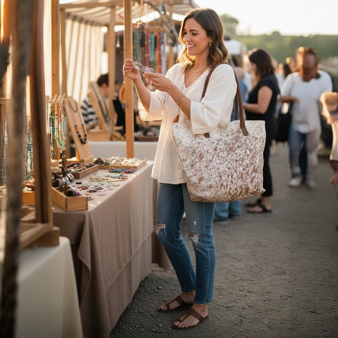 Cowhide Hair-On Tote Bag Exotic – 15" x 19" Inches | Brown Speckled - Full Hide or Patchwork
