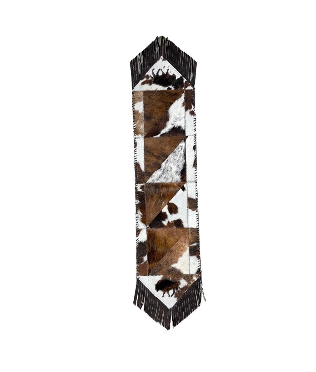 Cowhide Hair-On Table Runner With Leather Fringe & Design