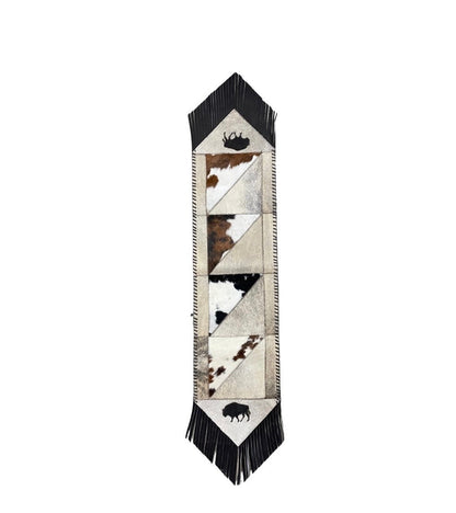Cowhide Hair-On Table Runner With Leather Fringe & Design