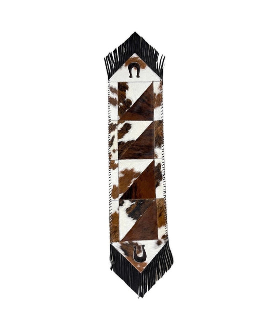 Cowhide Hair-On Table Runner With Leather Fringe & Design