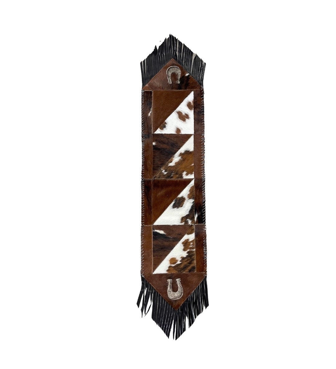 Cowhide Hair-On Table Runner With Leather Fringe & Design