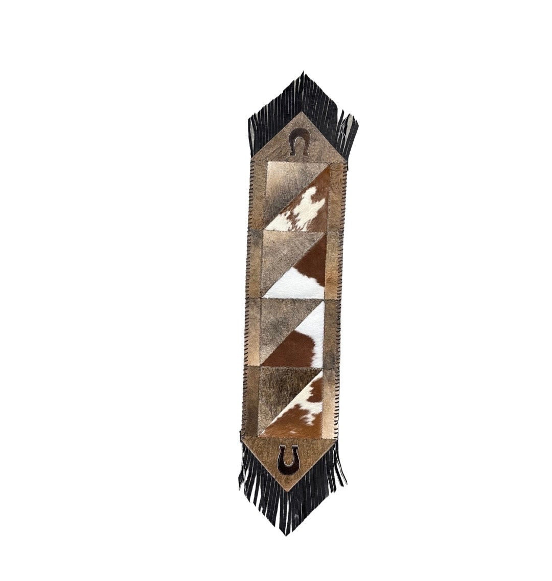 Cowhide Hair-On Table Runner With Leather Fringe & Design