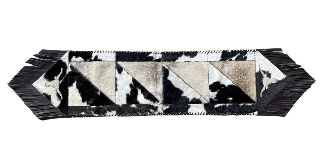 Cowhide Hair-On Table Runner With Leather Fringe & Design