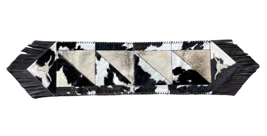 Cowhide Hair-On Table Runner With Leather Fringe & Design