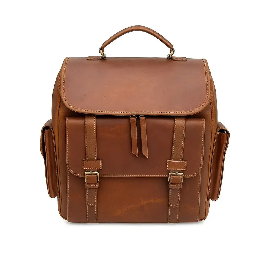 Leather Backpack Cowhide Panels - Dual Side Pockets First Grade