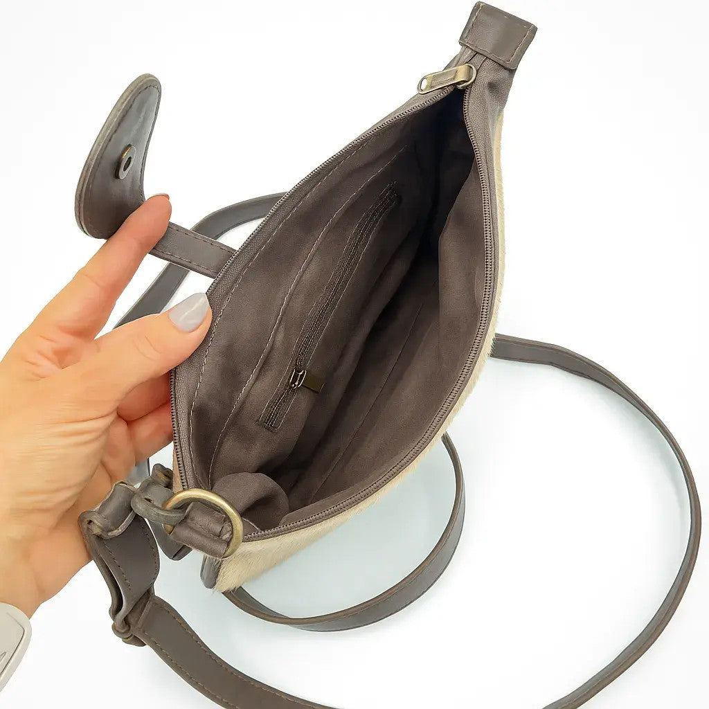 TEMP - Tri-Color Cowhide Leather Crossbody Bag | Genuine Hair-On Hide & Dark Brown Strap – 9 x 6 x 1 Inch