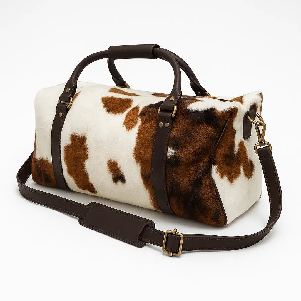 Cowhide Duffle Delux Bag | Hair-On Leather & Full-Grain Straps – 36 x 12 x 12 Inches