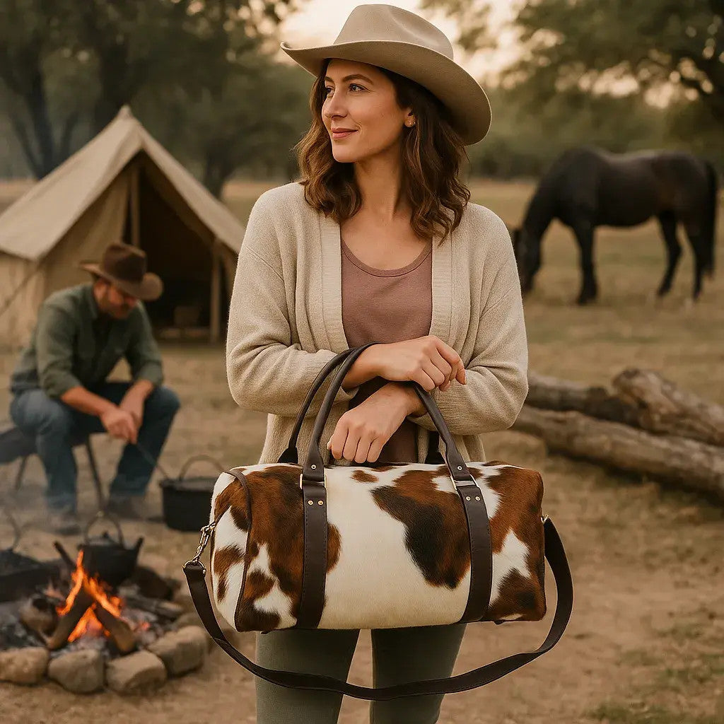 Cowhide Duffle Delux Bag | Hair-On Leather & Full-Grain Straps – 36 x 12 x 12 Inches