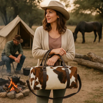 Cowhide Duffle Delux Bag | Hair-On Leather & Full-Grain Straps – 36 x 12 x 12 Inches