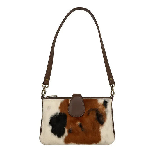 TEMP - Tri-Color Cowhide Leather Crossbody Bag | Genuine Hair-On Hide & Dark Brown Strap – 9 x 6 x 1 Inch