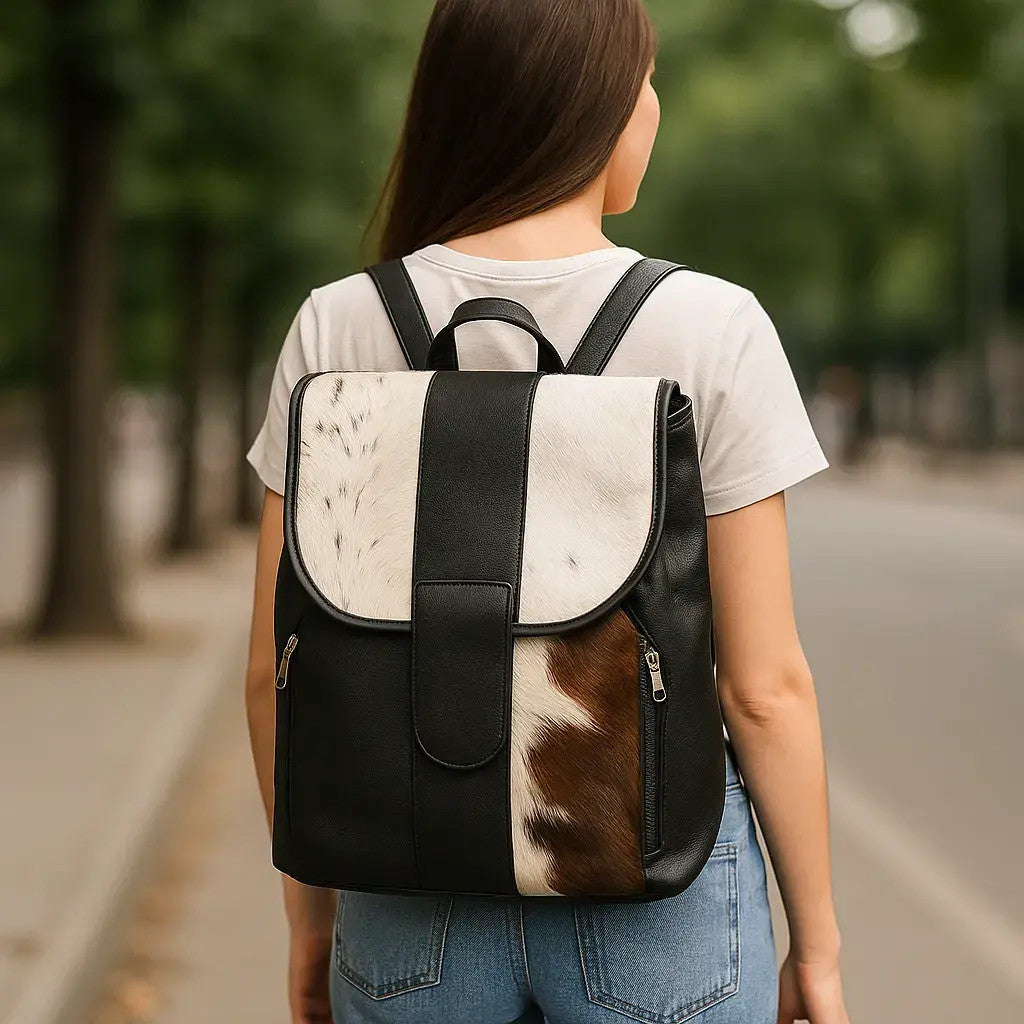 Cowhide Leather Backpack - Hair-On Premium Black Pattern - Luxurious Durable Design