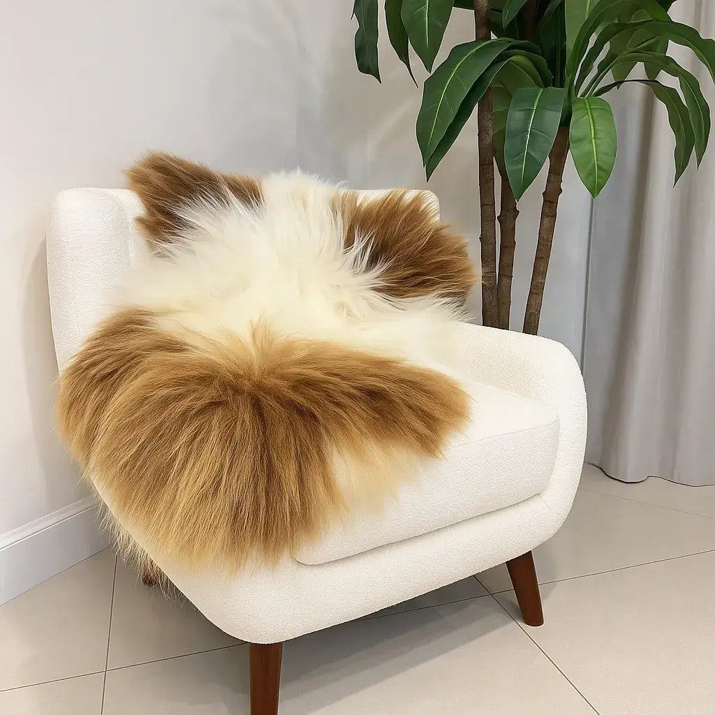 Norwegian Viking Heritage Sheepskin Throw | Spotted Brown & White Long Wool – 4' x 2.5' Feet