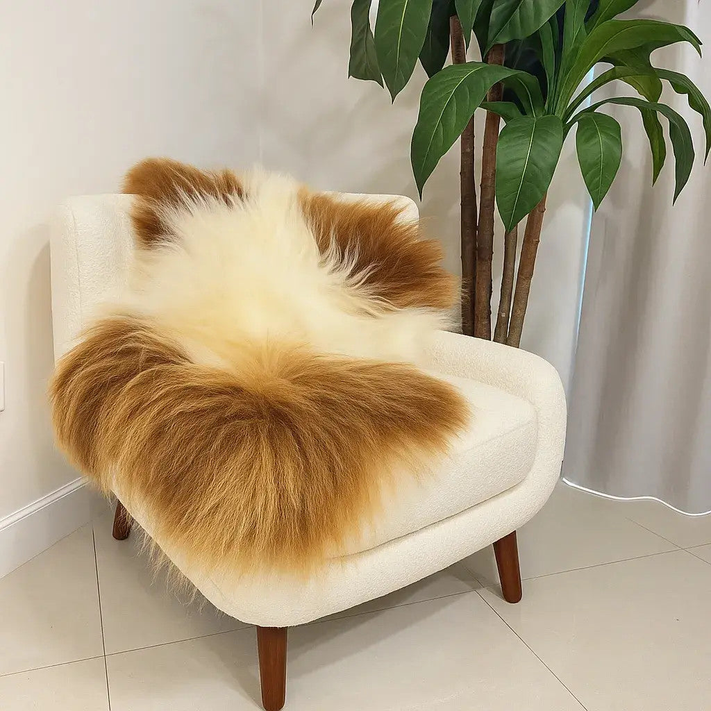 Norwegian Viking Heritage Sheepskin Throw | Spotted Brown & White Long Wool – 4' x 2.5' Feet