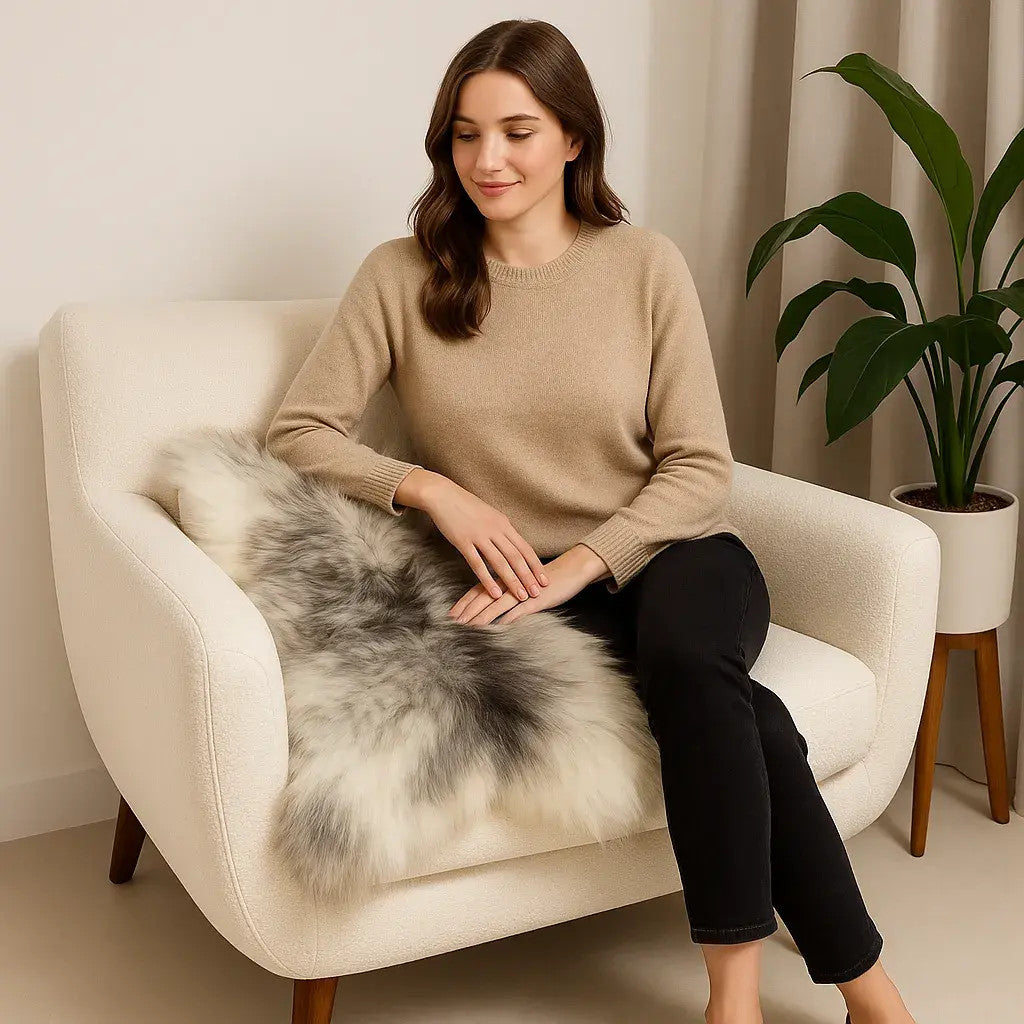 Norwegian Viking Heritage Sheepskin Throw | Frosted Beige & Gray Long Wool – 4' x 2.5' Feet